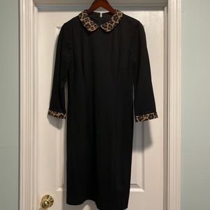 Talbots black ponte dress with leopard collar and sleeves size 8